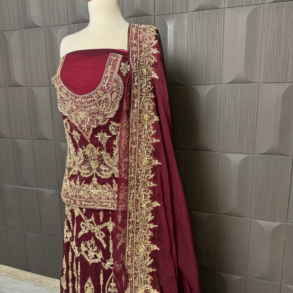 Wedding lehenga hand work BL018 lehenga view – fresh maroon crinkle chiffon with nakshi kora pearl and jewelry embroidery full skirt Pakistan