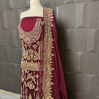 Wedding lehenga hand work BL018 lehenga view – fresh maroon crinkle chiffon with nakshi kora pearl and jewelry embroidery full skirt Pakistan