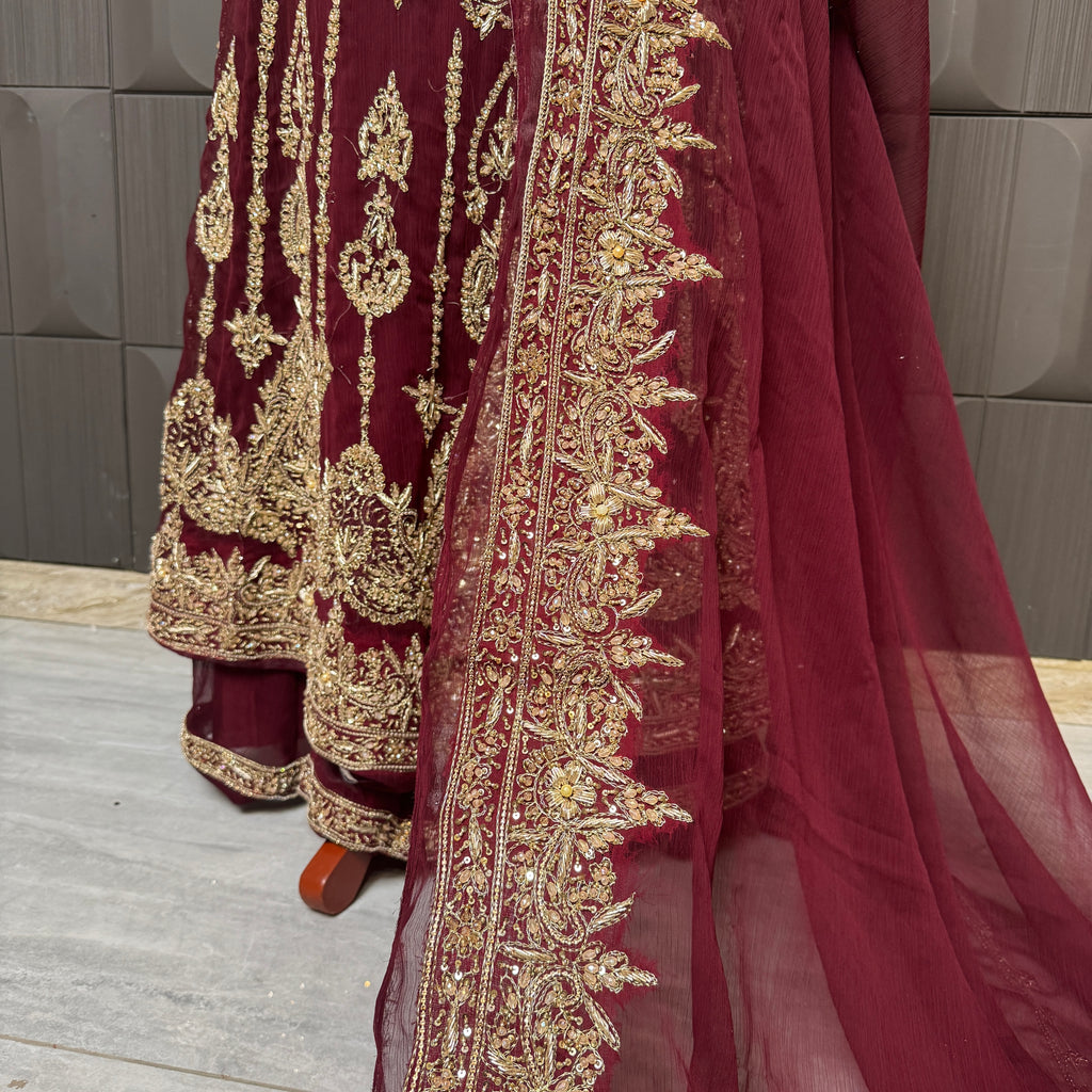 Bridal lehenga hand work BL018 lehenga close up – nakshi kora pearl jewelry embroidery detail on fresh maroon semi pure crinkle chiffon Pakistan