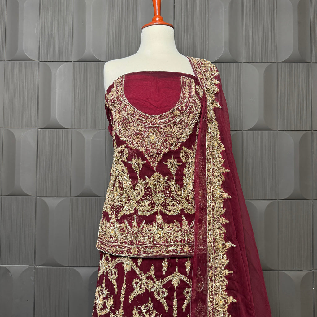 Bridal lehenga hand work shirt view BL018 – fresh maroon crinkle chiffon shirt with nakshi kora pearl and jewelry embroidery bridal Pakistan