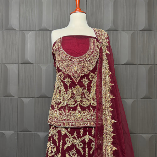 Bridal lehenga hand work shirt view BL018 – fresh maroon crinkle chiffon shirt with nakshi kora pearl and jewelry embroidery bridal Pakistan