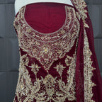 Bridal lehenga Pakistani BL018 shirt close up – nakshi kora pearl jewelry hand work detail on fresh maroon semi pure crinkle chiffon fabric