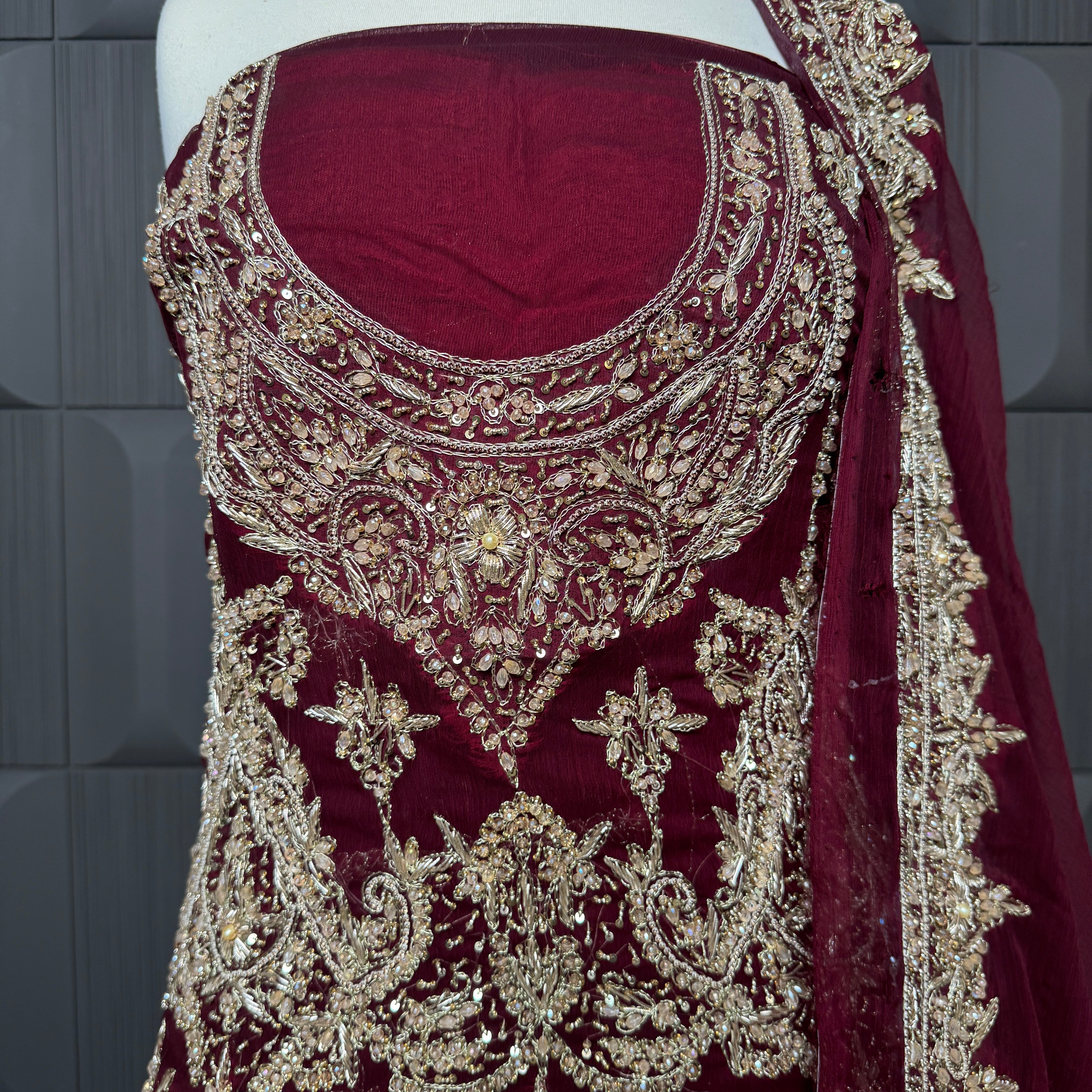 Bridal lehenga Pakistani BL018 shirt close up – nakshi kora pearl jewelry hand work detail on fresh maroon semi pure crinkle chiffon fabric