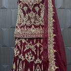 Bridal lehenga hand work BL018 lehenga close up – nakshi kora pearl jewelry embroidery detail on fresh maroon semi pure crinkle chiffon Pakistan
