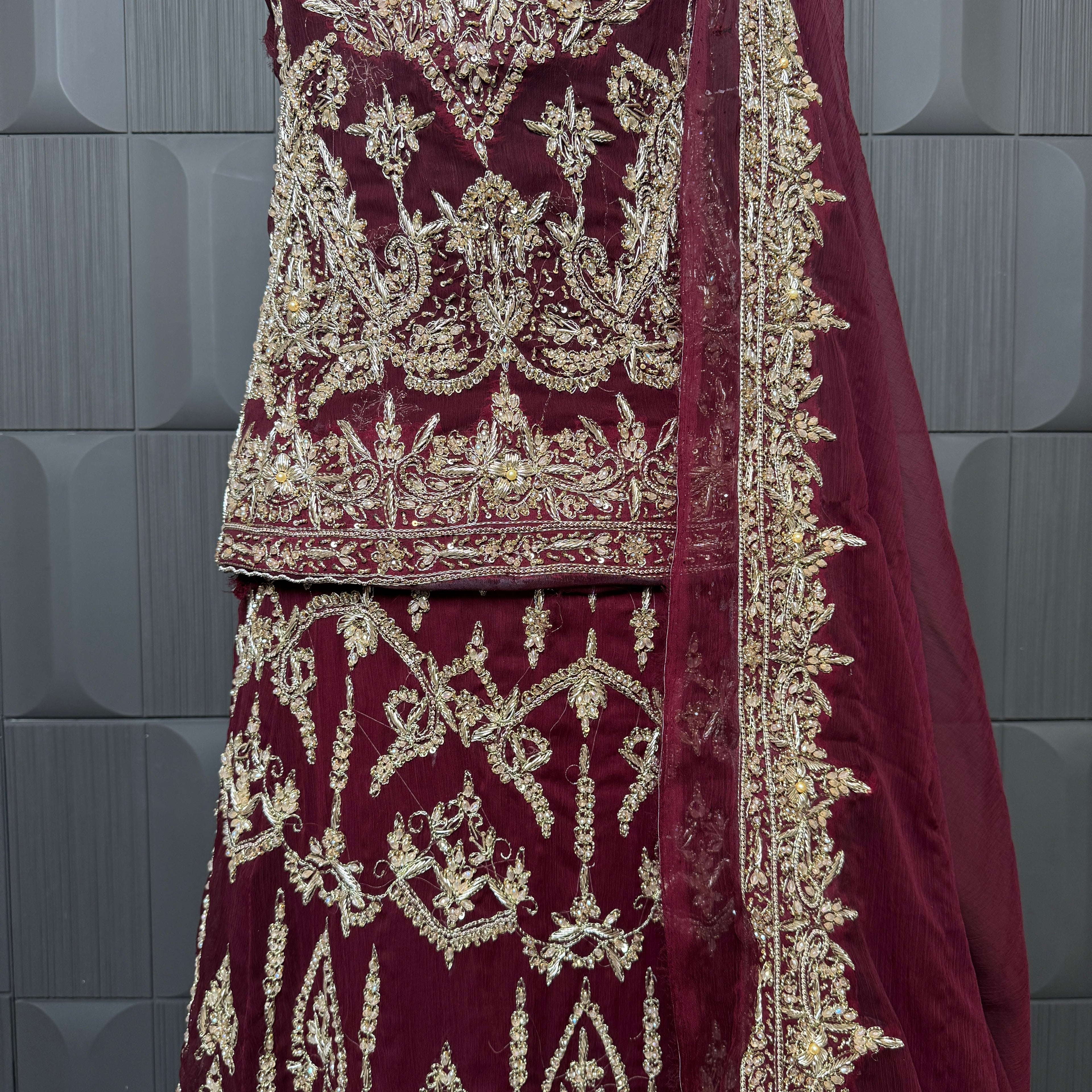 Bridal lehenga hand work BL018 lehenga close up – nakshi kora pearl jewelry embroidery detail on fresh maroon semi pure crinkle chiffon Pakistan