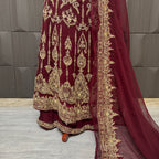 Bridal lehenga hand work BL018 lehenga close up – nakshi kora pearl jewelry embroidery detail on fresh maroon semi pure crinkle chiffon Pakistan