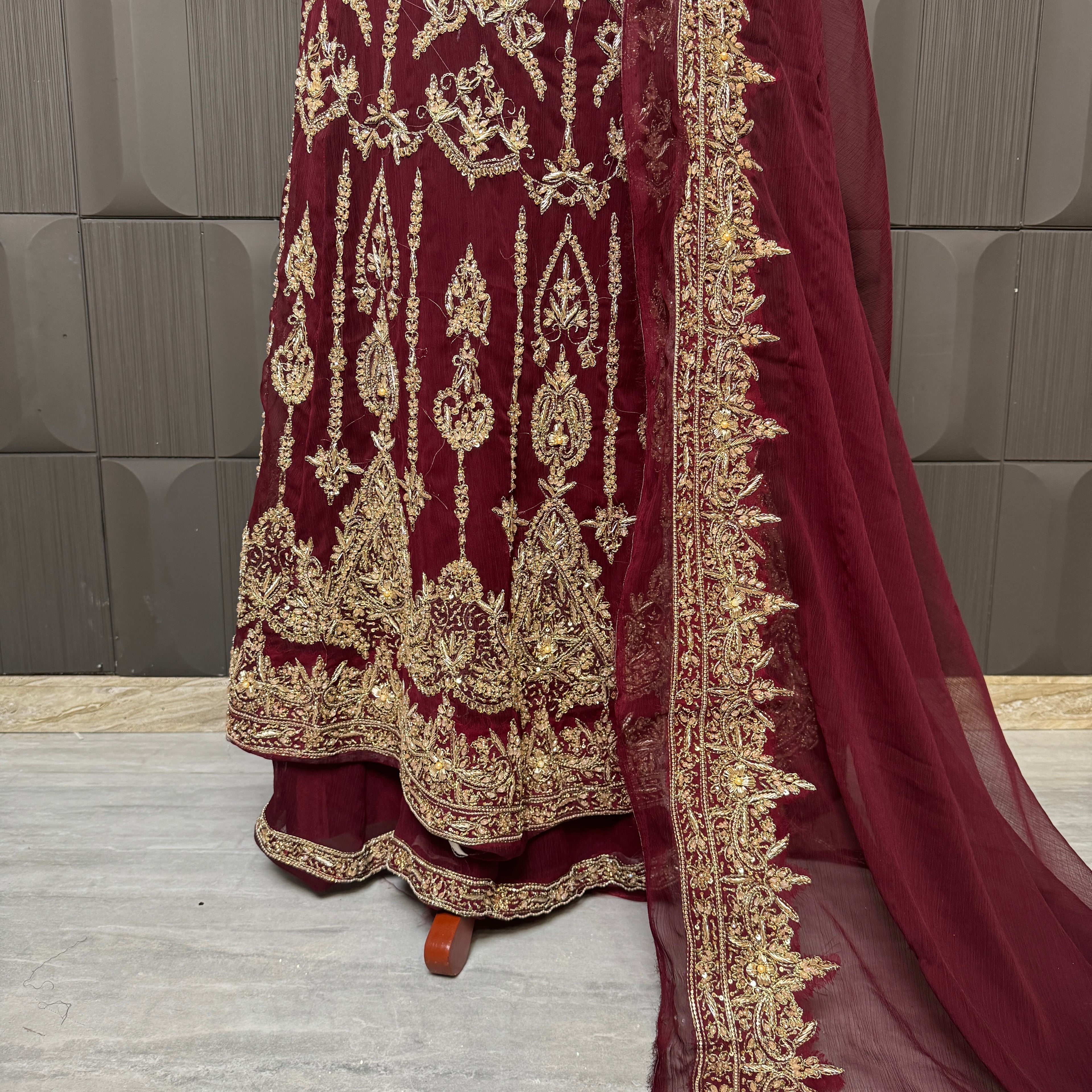 Bridal lehenga hand work BL018 lehenga close up – nakshi kora pearl jewelry embroidery detail on fresh maroon semi pure crinkle chiffon Pakistan