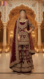 Bridal lehenga hand work BL018 full view – fresh maroon semi pure crinkle chiffon with nakshi kora pearl jewelry work Pakistani wedding outfit