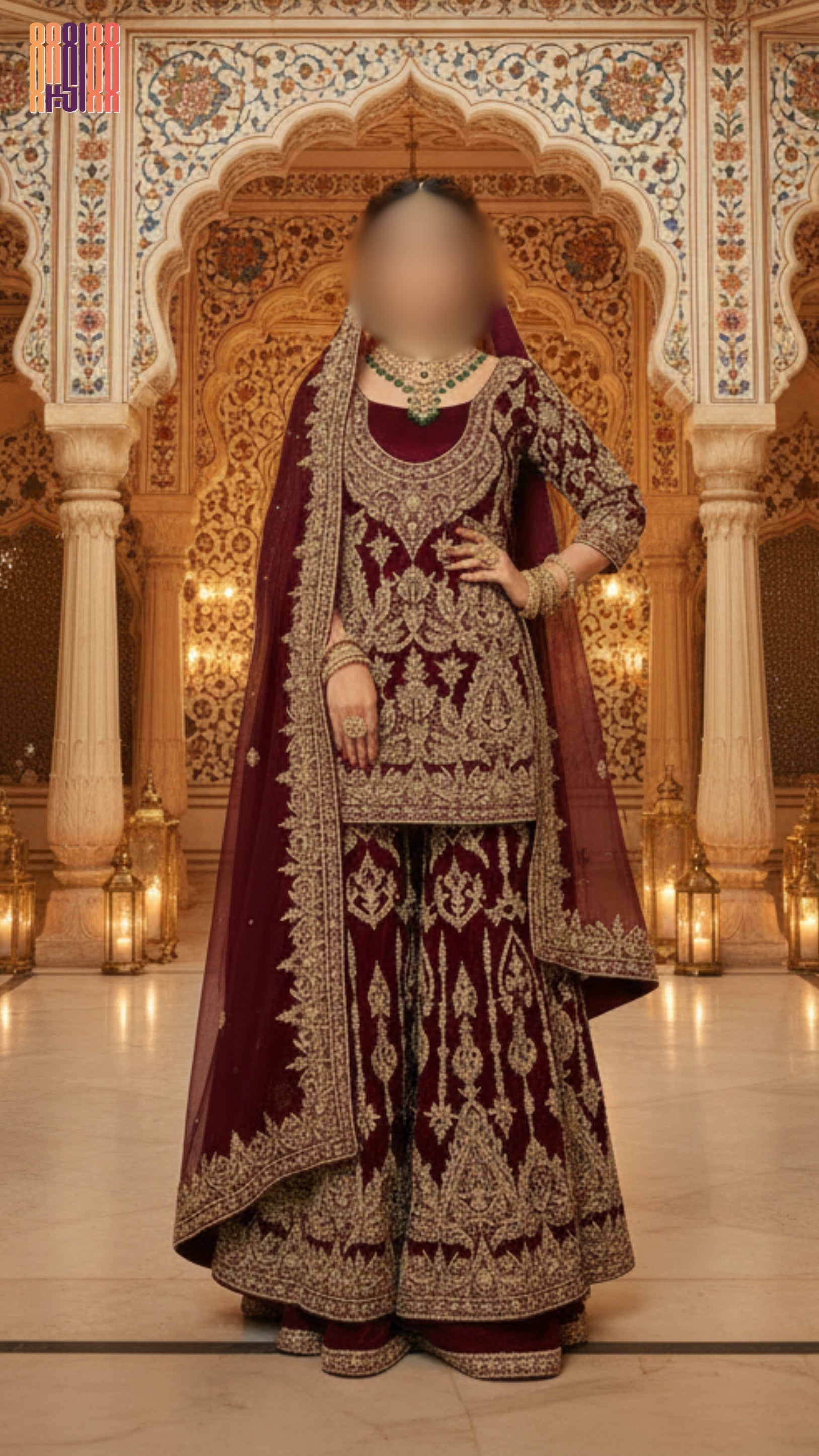 Bridal lehenga hand work BL018 full view – fresh maroon semi pure crinkle chiffon with nakshi kora pearl jewelry work Pakistani wedding outfit