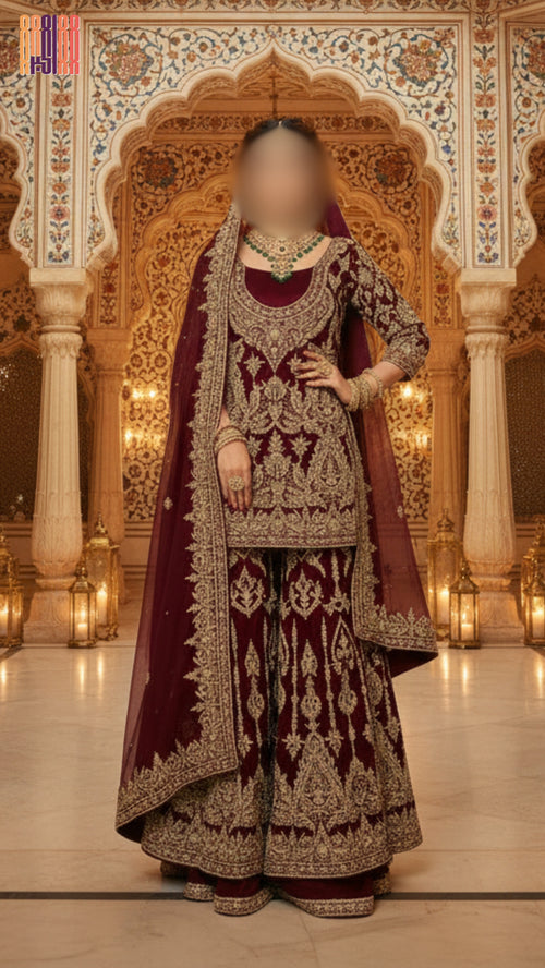 Bridal lehenga hand work BL018 full view – fresh maroon semi pure crinkle chiffon with nakshi kora pearl jewelry work Pakistani wedding outfit