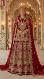 Bridal lehenga hand work BL019 full view – deep red semi pure crinkle chiffon with kora dabka resham crystal embroidery Pakistani wedding outfit
