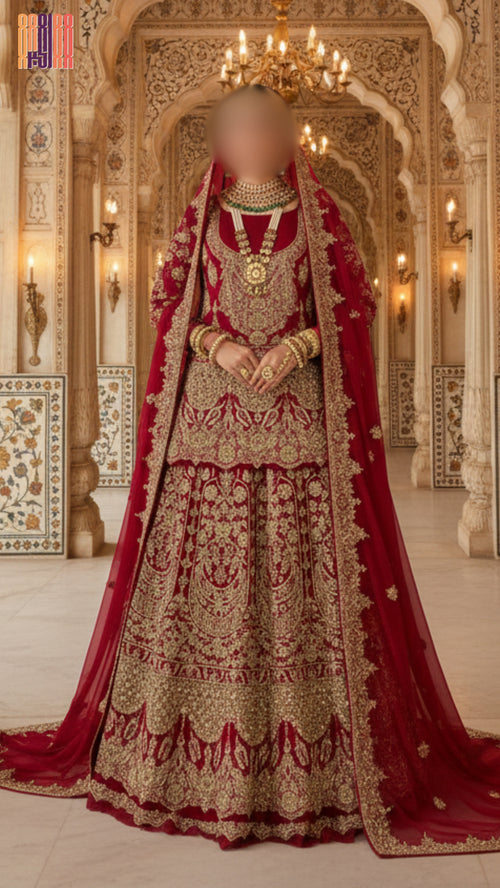 Bridal lehenga hand work BL019 full view – deep red semi pure crinkle chiffon with kora dabka resham crystal embroidery Pakistani wedding outfit
