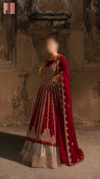 Bridal lehenga hand work BL020 full view – deep anari red semi pure crinkle chiffon with kora nakshi crystal pearl embroidery Pakistani wedding
