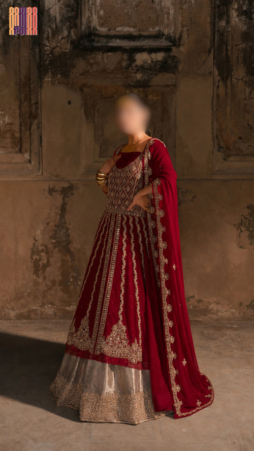 Bridal lehenga hand work BL020 full view – deep anari red semi pure crinkle chiffon with kora nakshi crystal pearl embroidery Pakistani wedding
