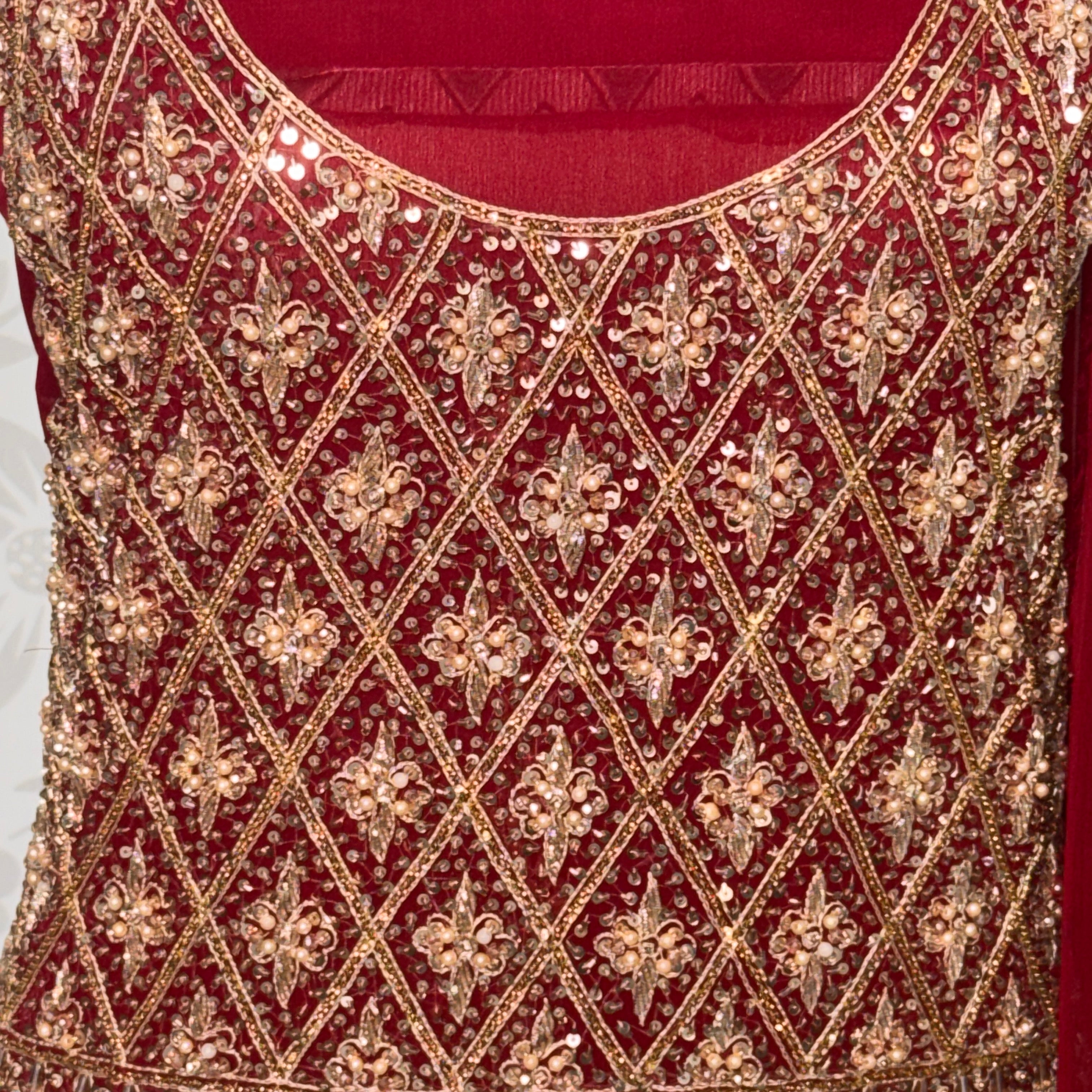 Bridal lehenga hand work shirt view BL020 – deep anari red crinkle chiffon shirt with kora nakshi and crystal pearl embroidery bridal Pakistan
