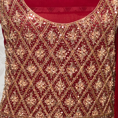 Bridal lehenga hand work shirt view BL020 – deep anari red crinkle chiffon shirt with kora nakshi and crystal pearl embroidery bridal Pakistan
