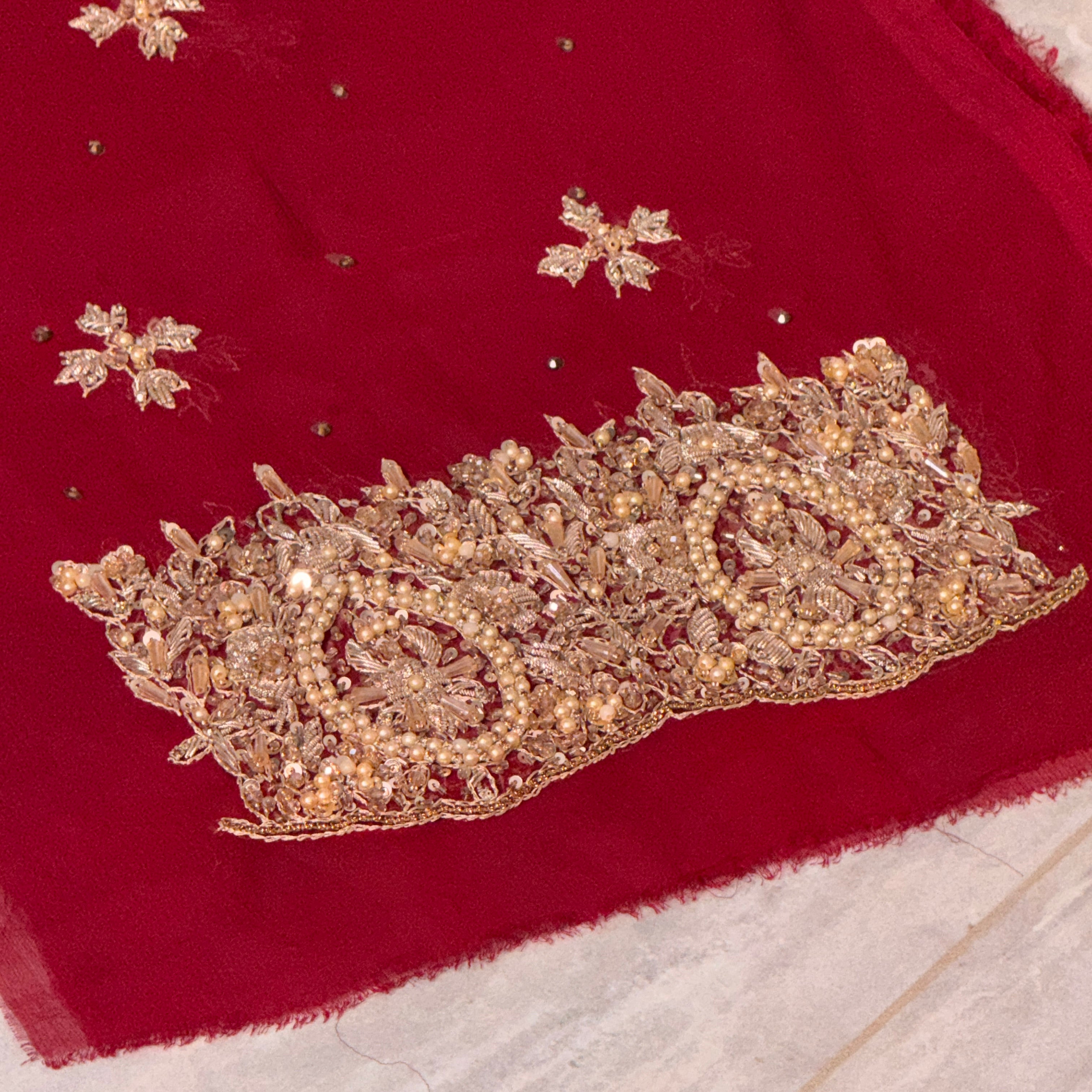 Bridal lehenga hand work BL020 sleeves detail – border boti hand embroidery on deep anari red semi pure crinkle chiffon Pakistan
