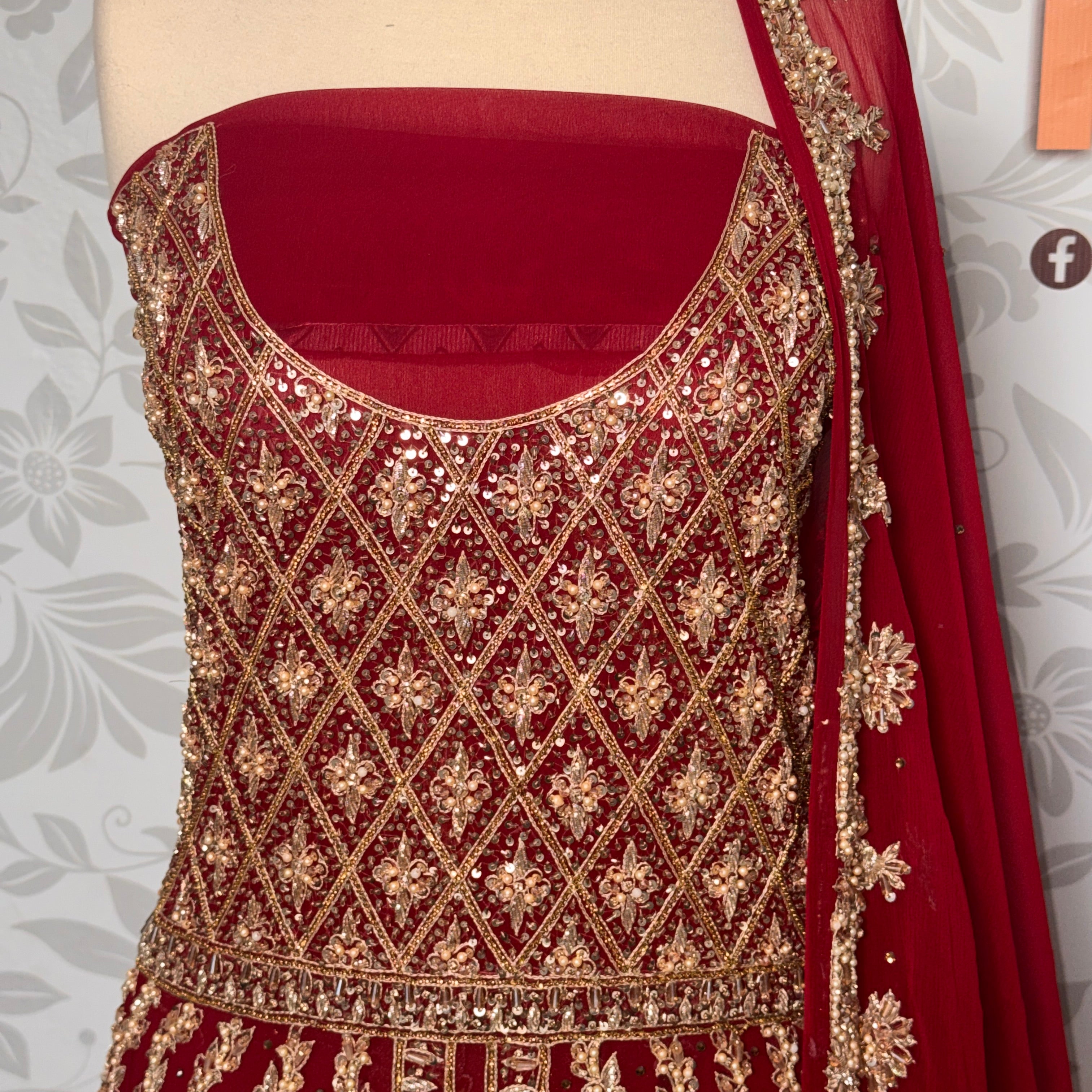 Bridal lehenga Pakistani BL020 shirt close up – kora nakshi crystal pearl hand work detail on deep anari red crinkle chiffon fabric
