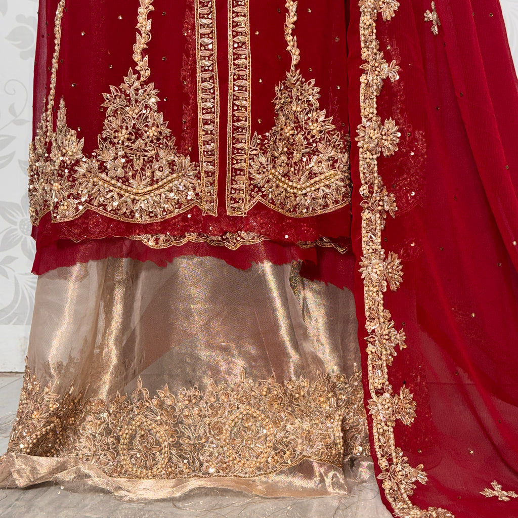 Wedding lehenga hand work BL020 lehenga view – deep anari red crinkle chiffon with kora nakshi and crystal pearl embroidery full skirt Pakistan
