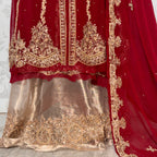 Wedding lehenga hand work BL020 lehenga view – deep anari red crinkle chiffon with kora nakshi and crystal pearl embroidery full skirt Pakistan
