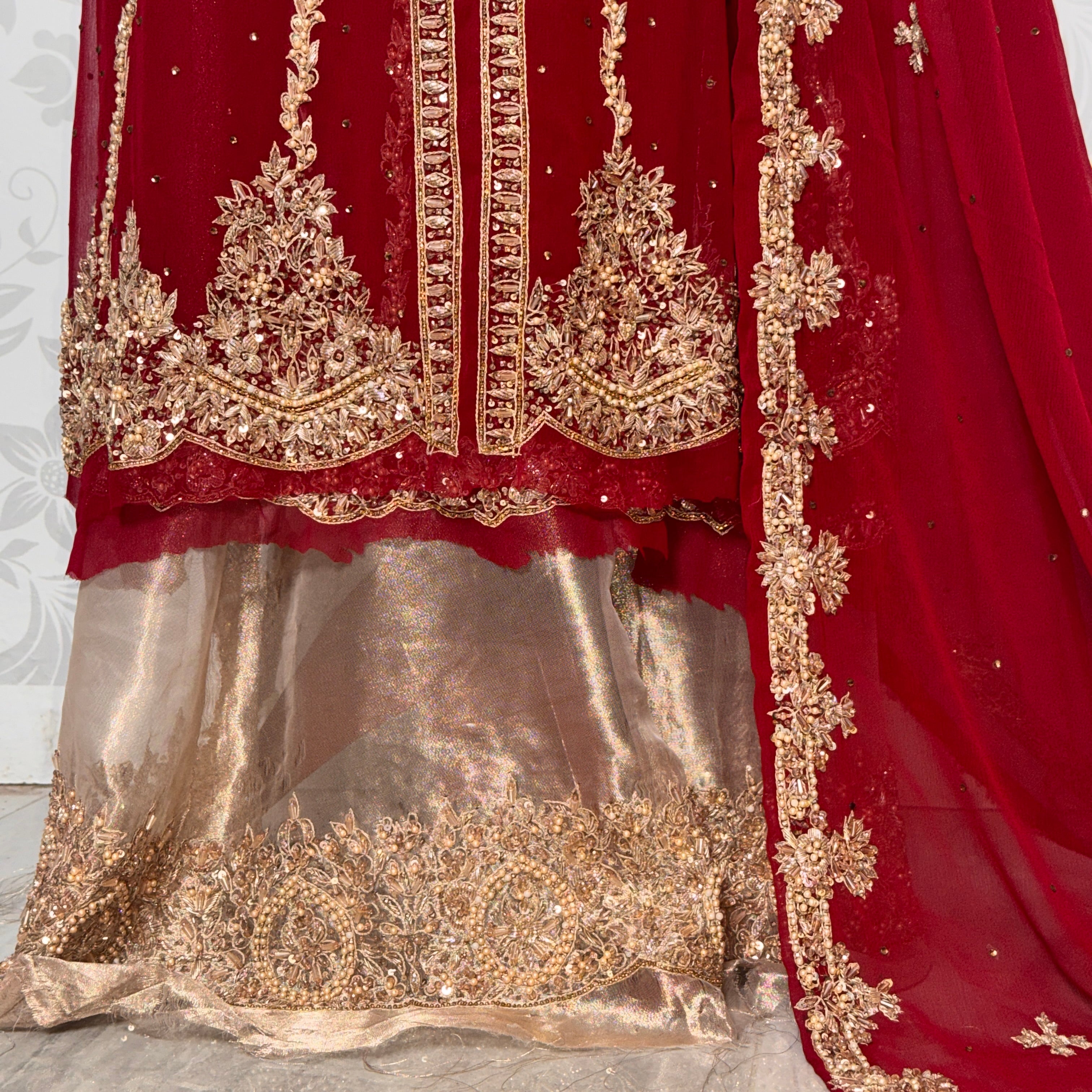 Wedding lehenga hand work BL020 lehenga view – deep anari red crinkle chiffon with kora nakshi and crystal pearl embroidery full skirt Pakistan
