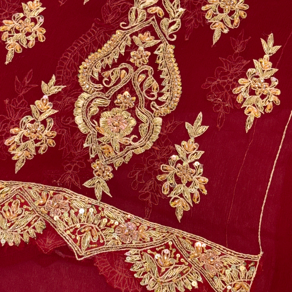 Bridal lehenga hand work BL021 sleeves detail – border motif boti hand embroidery on deep anari red semi pure crinkle chiffon Pakistan
