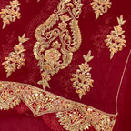 Bridal lehenga hand work BL021 sleeves detail – border motif boti hand embroidery on deep anari red semi pure crinkle chiffon Pakistan
