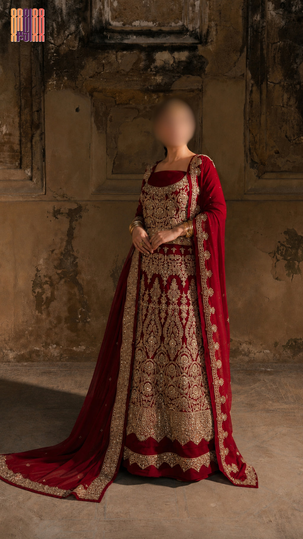 Bridal lehenga hand work BL021 full view – deep anari red semi pure crinkle chiffon with kora dabka jewelry crystal embroidery Pakistani wedding
