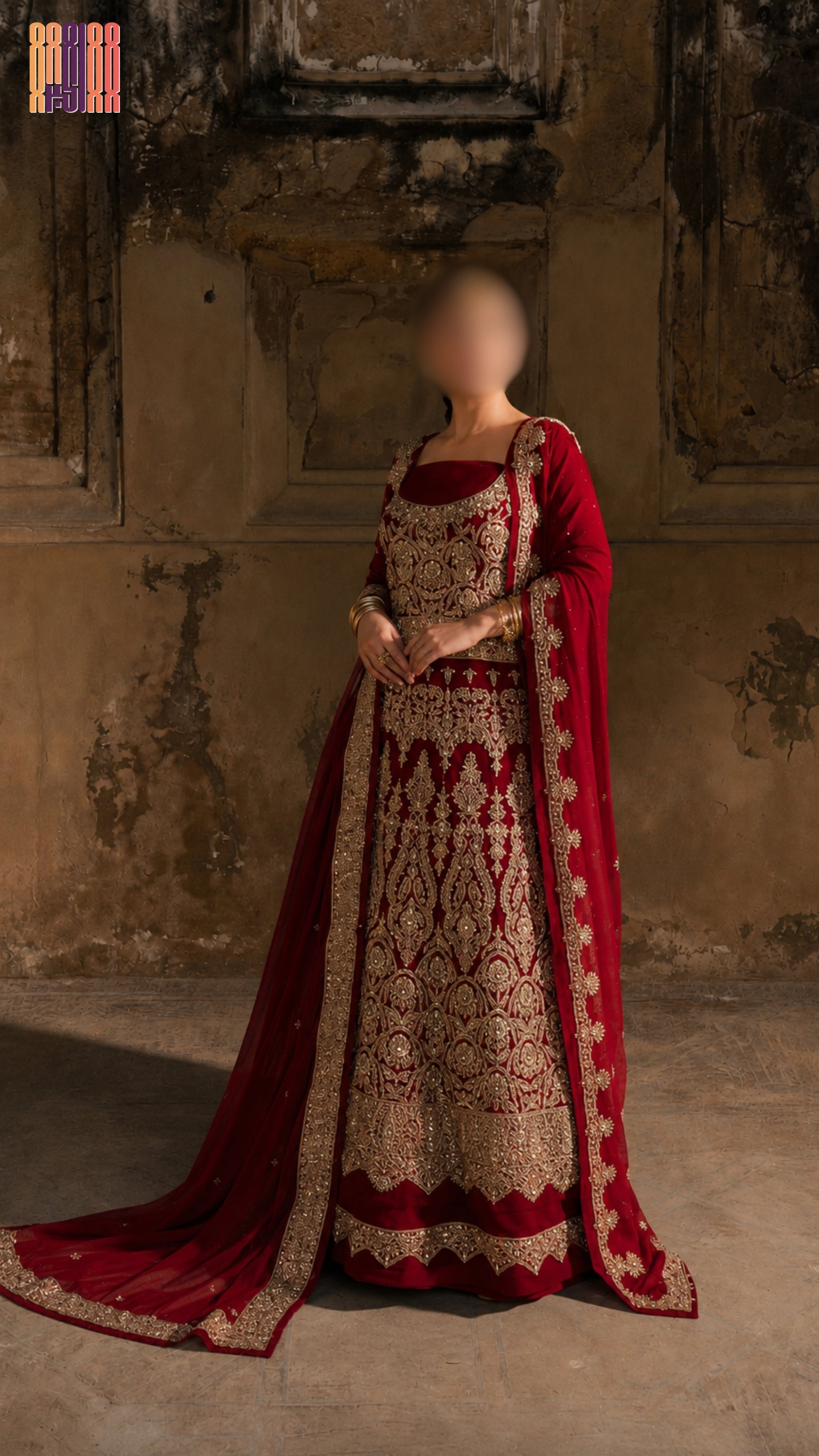 Bridal lehenga hand work BL021 full view – deep anari red semi pure crinkle chiffon with kora dabka jewelry crystal embroidery Pakistani wedding
