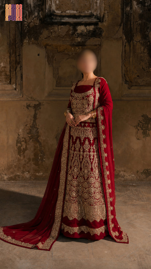 Bridal lehenga hand work BL021 full view – deep anari red semi pure crinkle chiffon with kora dabka jewelry crystal embroidery Pakistani wedding
