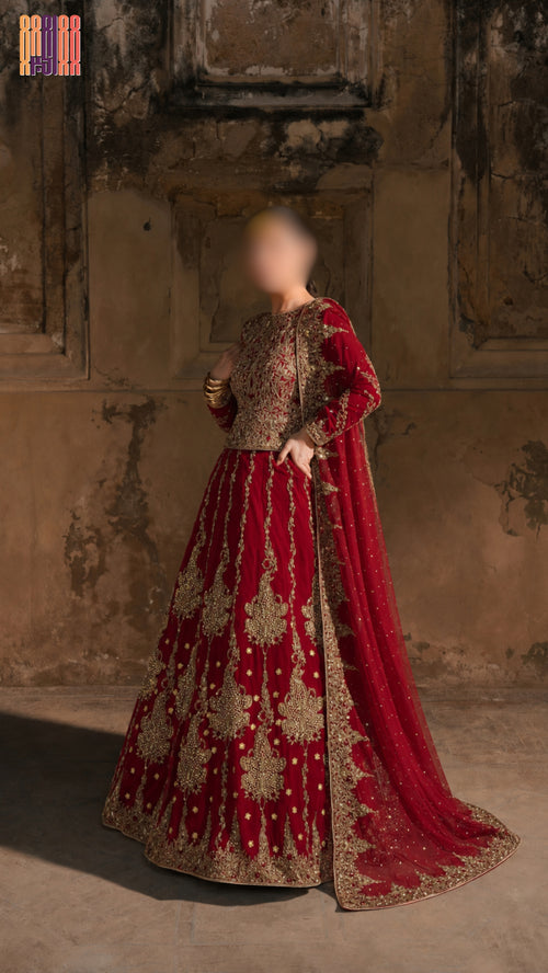 Bridal lehenga hand work BL022 full view – deep anari red semi pure crinkle chiffon with kora dabka resham embroidery Pakistani wedding
