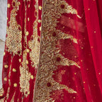 Bridal lehenga online Pakistan BL022 dupatta – deep anari red with heavy matha patti border and light three-side border wedding lehenga
