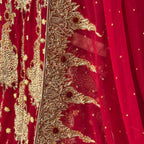 Bridal lehenga online Pakistan BL022 dupatta – deep anari red with heavy matha patti border and light three-side border wedding lehenga
