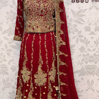 Wedding lehenga hand work BL022 lehenga view – deep anari red crinkle chiffon with kora dabka and resham embroidery full skirt Pakistan
