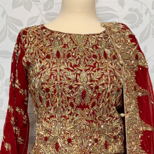 Bridal lehenga hand work shirt view BL022 – deep anari red crinkle chiffon shirt with kora dabka and resham embroidery bridal Pakistan
