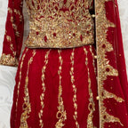 Bridal lehenga hand work BL022 lehenga close up – kora dabka resham embroidery detail on deep anari red crinkle chiffon Pakistan
