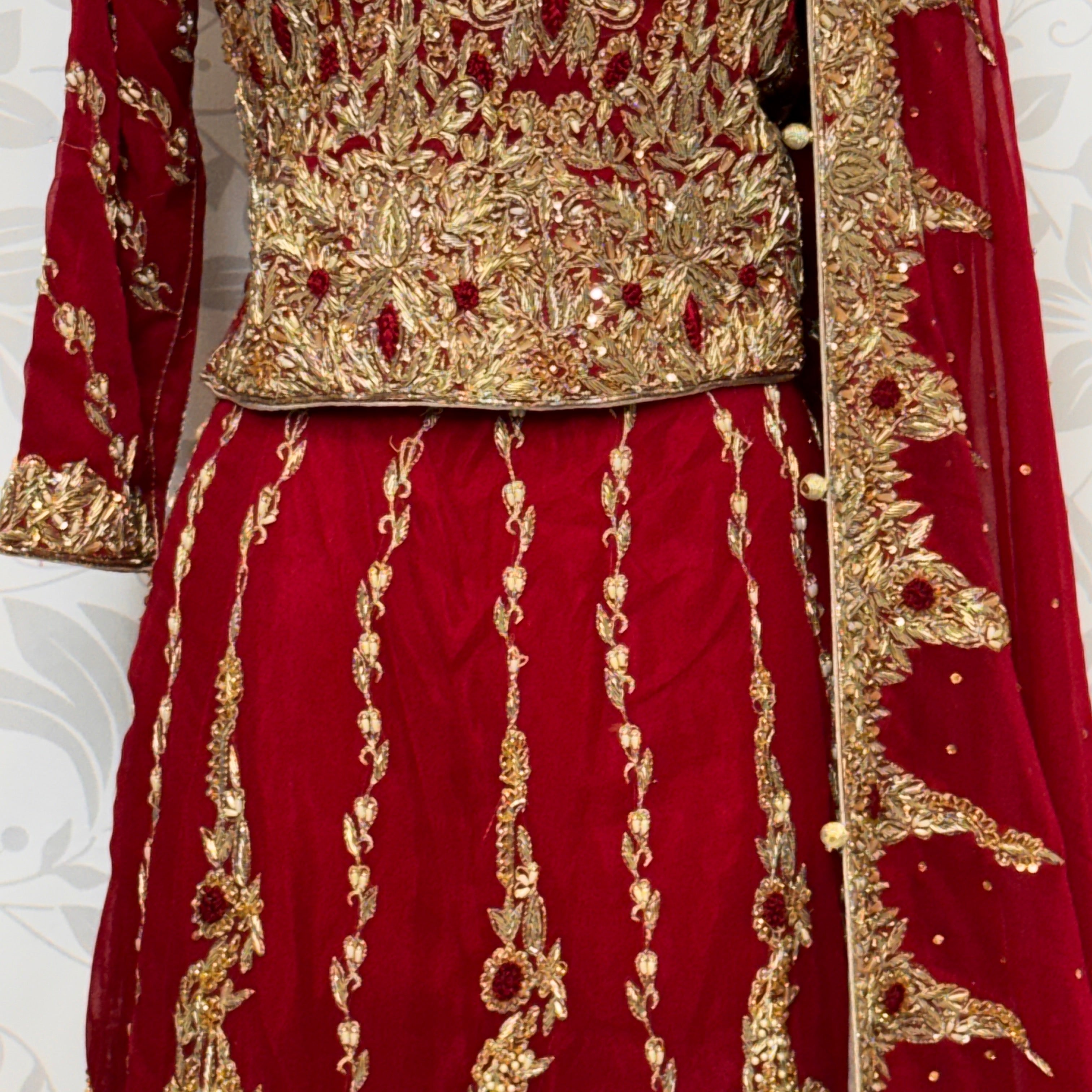 Bridal lehenga hand work BL022 lehenga close up – kora dabka resham embroidery detail on deep anari red crinkle chiffon Pakistan
