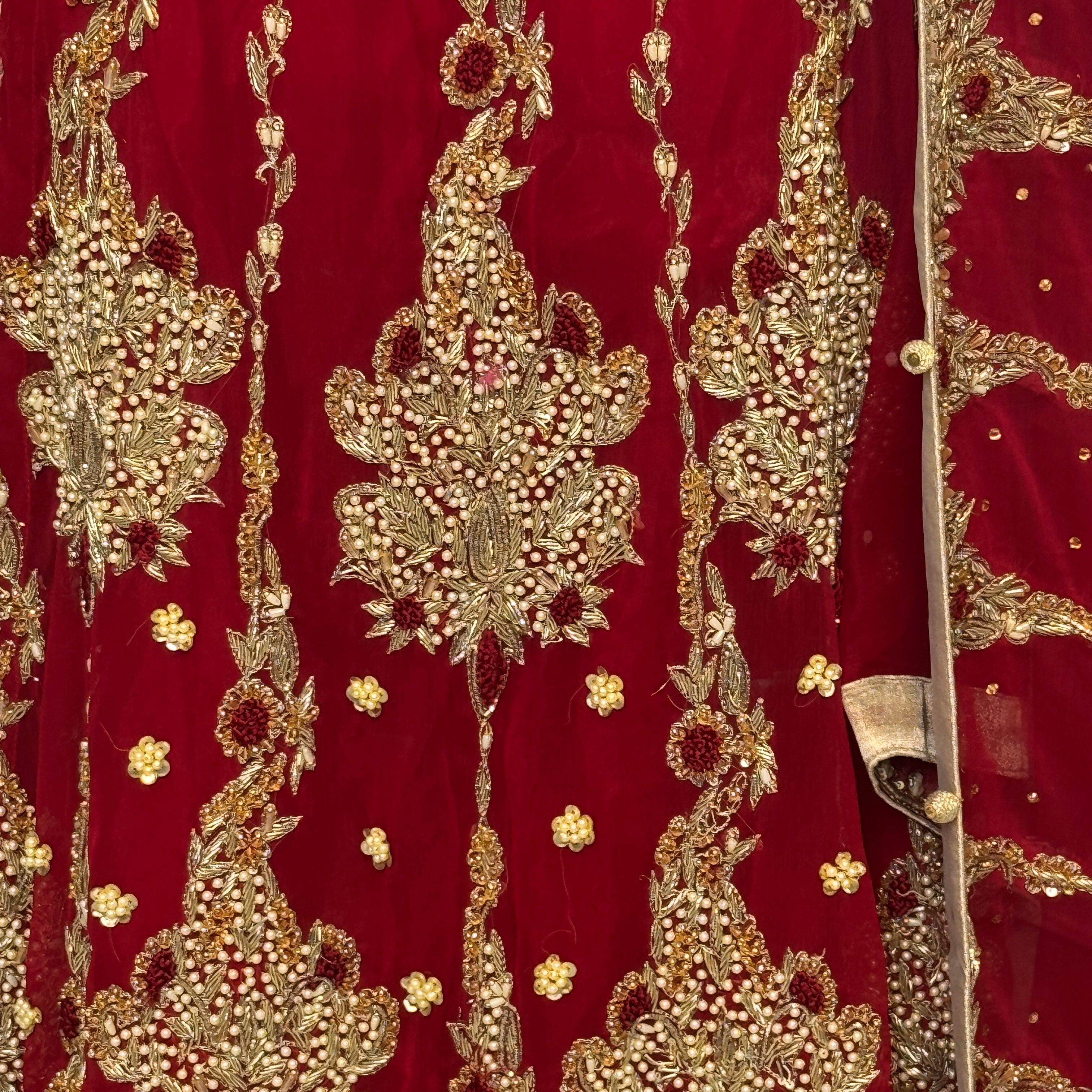 Bridal lehenga hand work BL022 lehenga close up – kora dabka resham embroidery detail on deep anari red crinkle chiffon Pakistan
