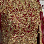 Bridal lehenga Pakistani BL022 shirt close up – kora dabka resham hand work detail on deep anari red crinkle chiffon fabric
