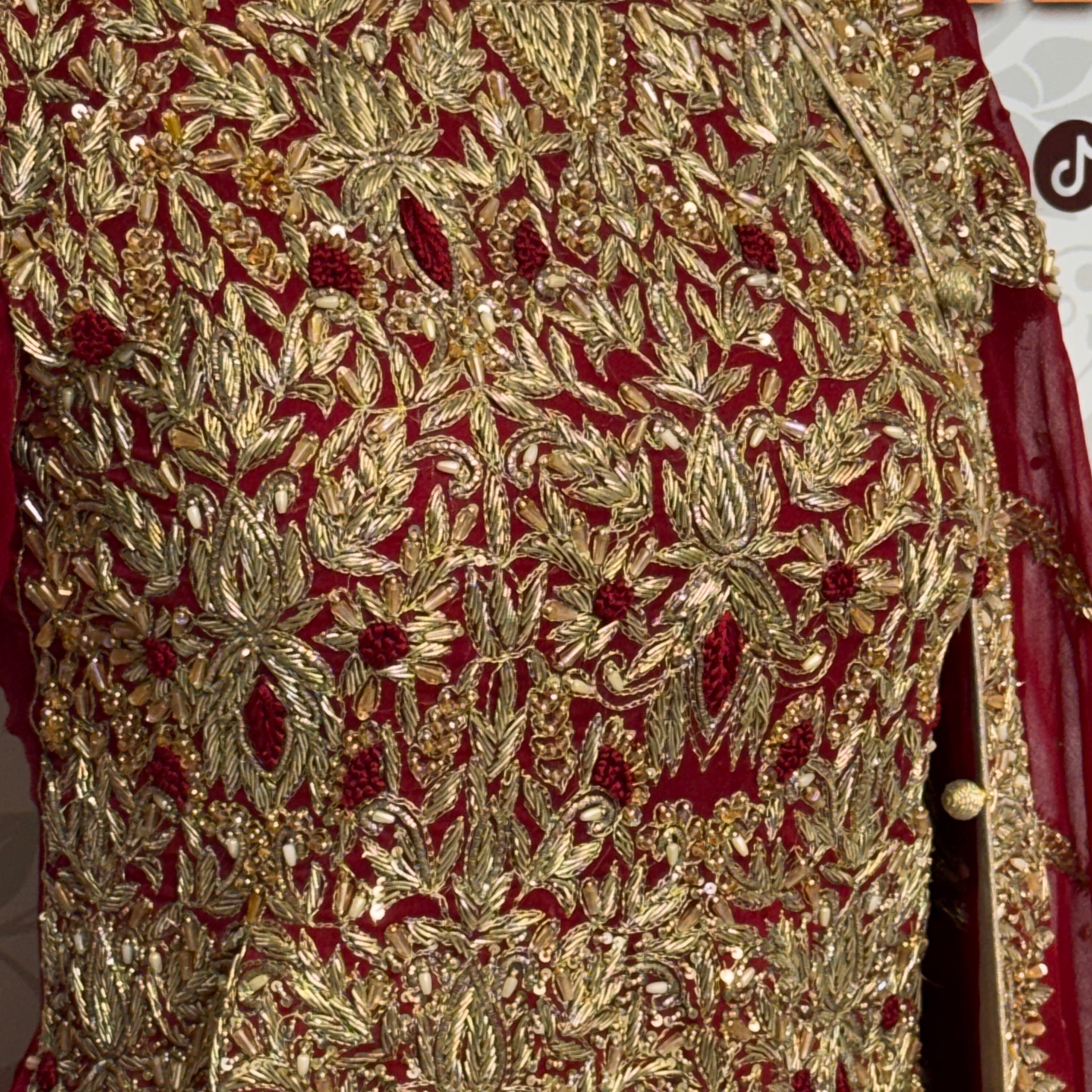 Bridal lehenga Pakistani BL022 shirt close up – kora dabka resham hand work detail on deep anari red crinkle chiffon fabric
