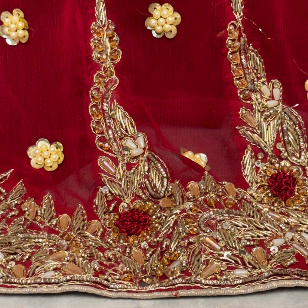 Bridal lehenga hand work BL022 lehenga close up – kora dabka resham embroidery detail on deep anari red crinkle chiffon Pakistan
