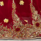 Bridal lehenga hand work BL022 lehenga close up – kora dabka resham embroidery detail on deep anari red crinkle chiffon Pakistan
