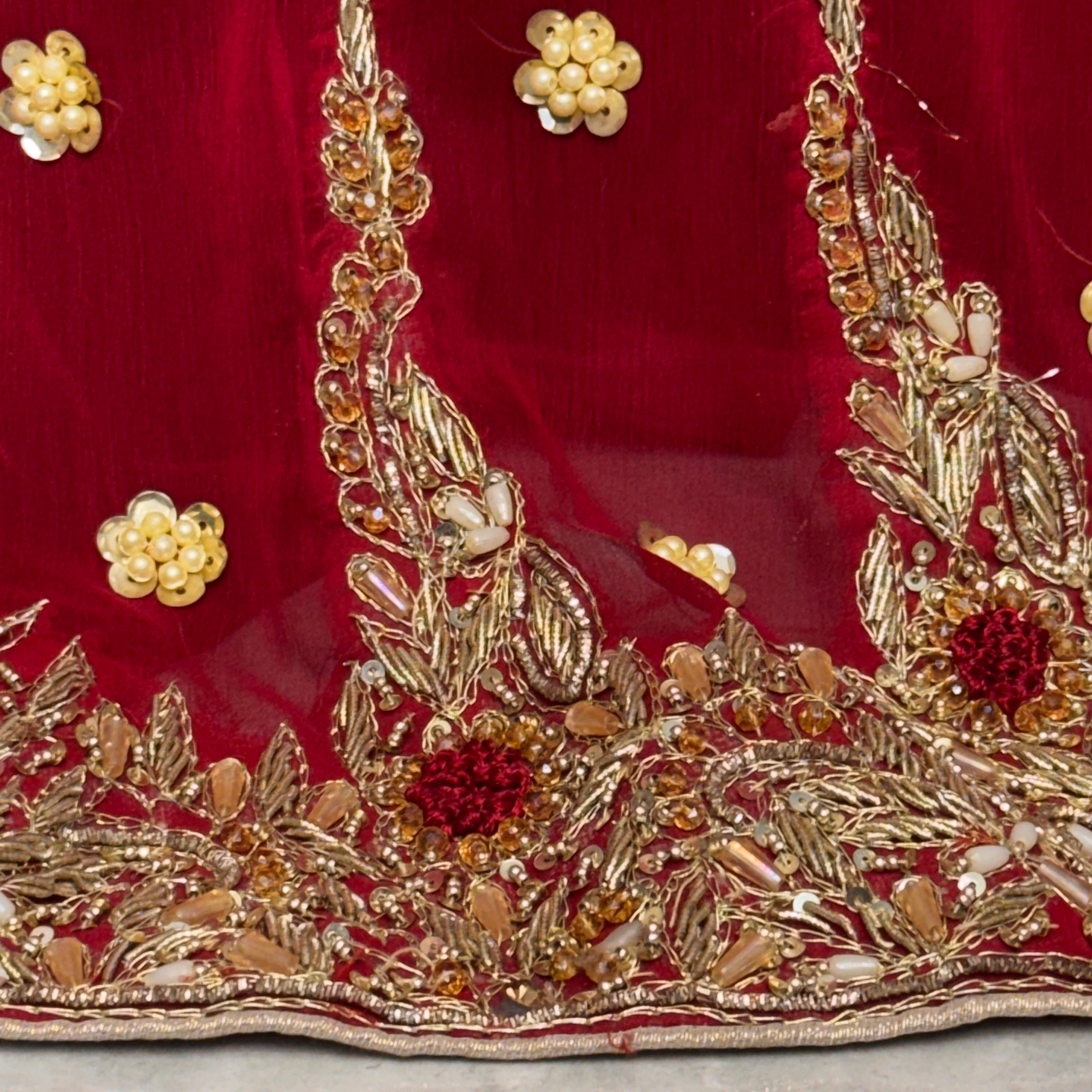 Bridal lehenga hand work BL022 lehenga close up – kora dabka resham embroidery detail on deep anari red crinkle chiffon Pakistan
