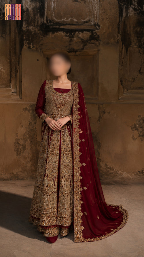 Bridal lehenga hand work shirt view BL023 – deep anari red crinkle chiffon shirt with nakshi kora and crystal embroidery bridal Pakistan
