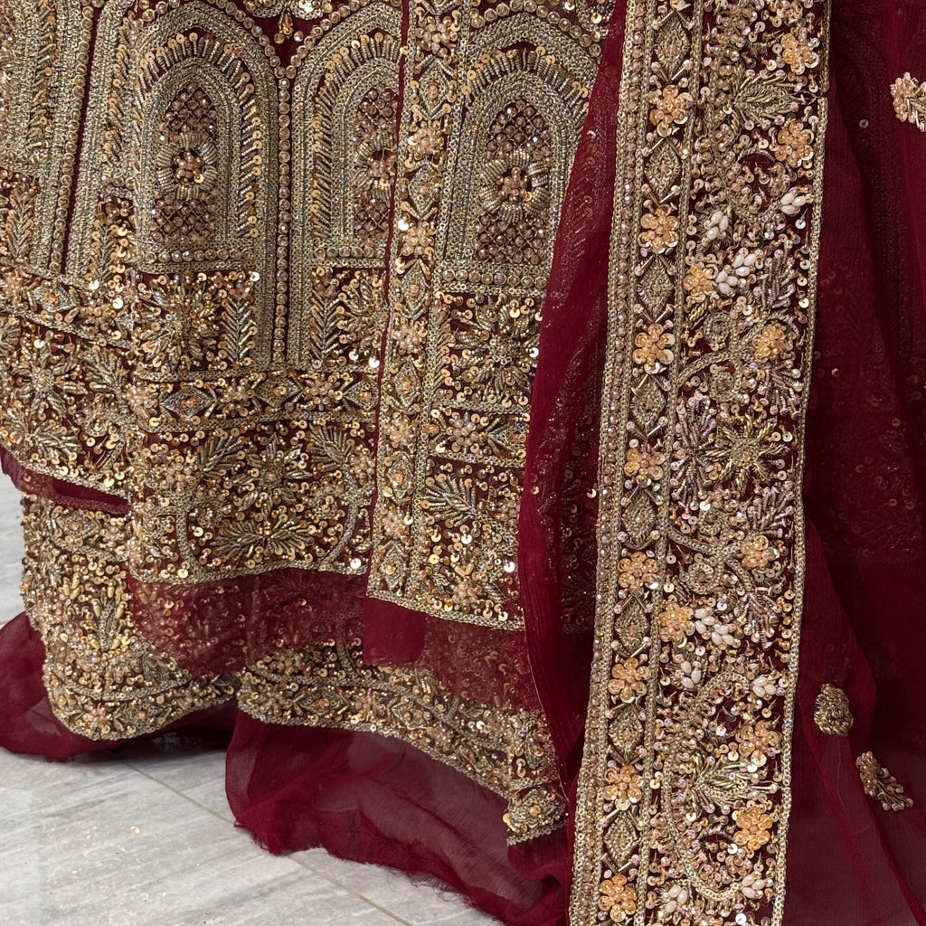 Wedding lehenga hand work BL023 lehenga view – deep anari red crinkle chiffon with nakshi kora and crystal embroidery full skirt Pakistan
