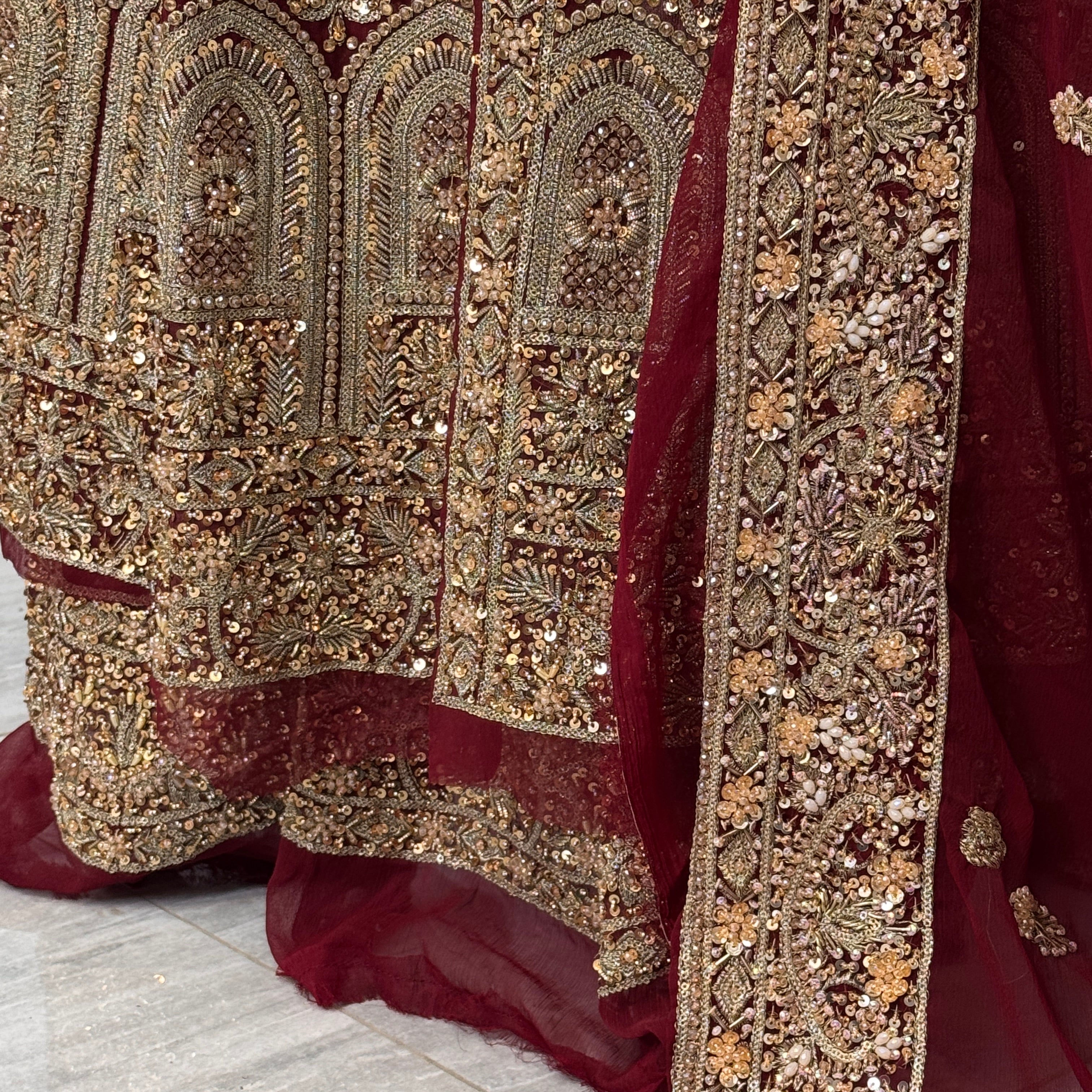 Wedding lehenga hand work BL023 lehenga view – deep anari red crinkle chiffon with nakshi kora and crystal embroidery full skirt Pakistan
