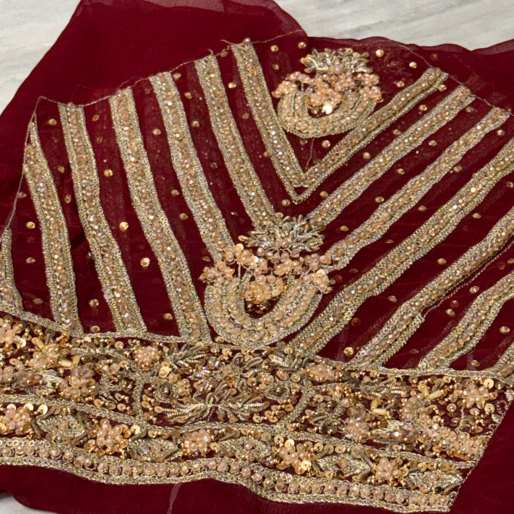 Bridal lehenga hand work BL023 sleeves detail – heavy embroidered sleeves on deep anari red semi pure crinkle chiffon Pakistan
