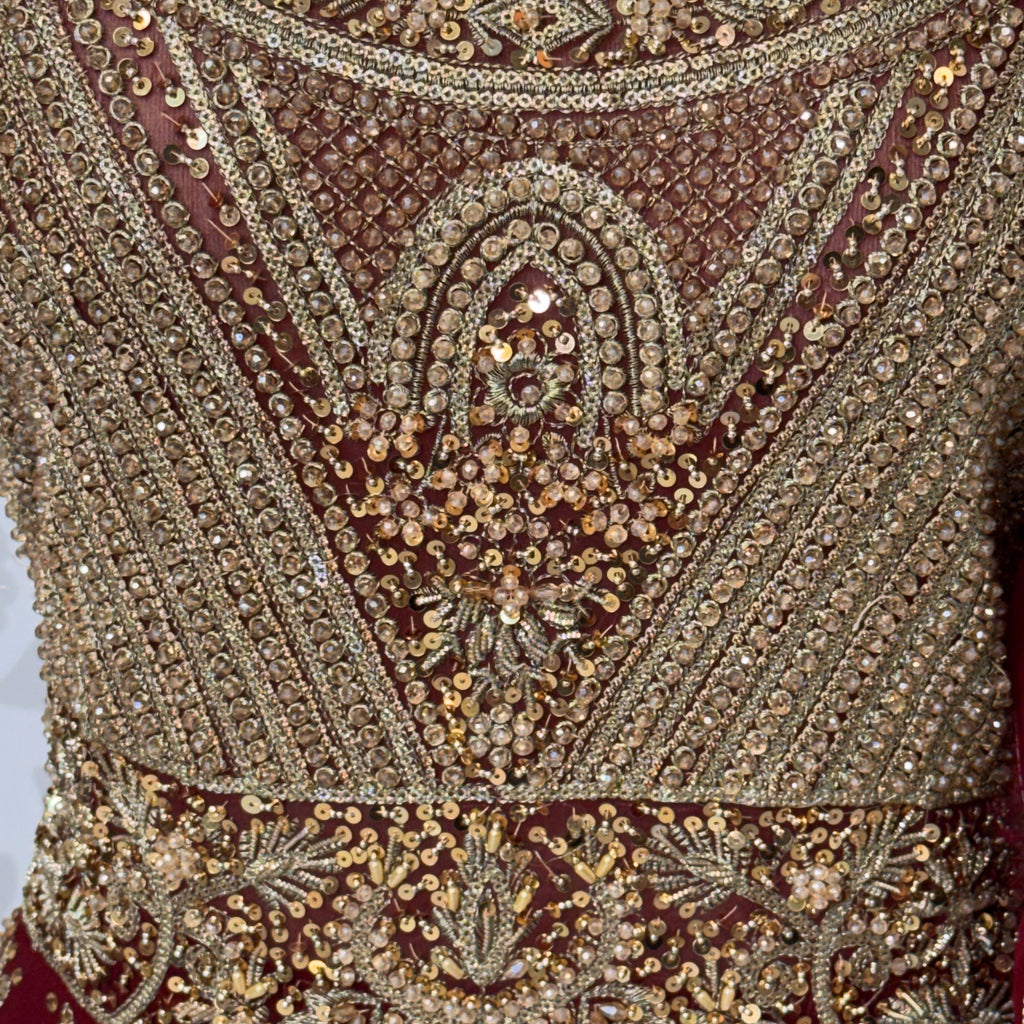 Bridal lehenga hand work shirt view BL023 – deep anari red crinkle chiffon shirt with nakshi kora and crystal embroidery bridal Pakistan
