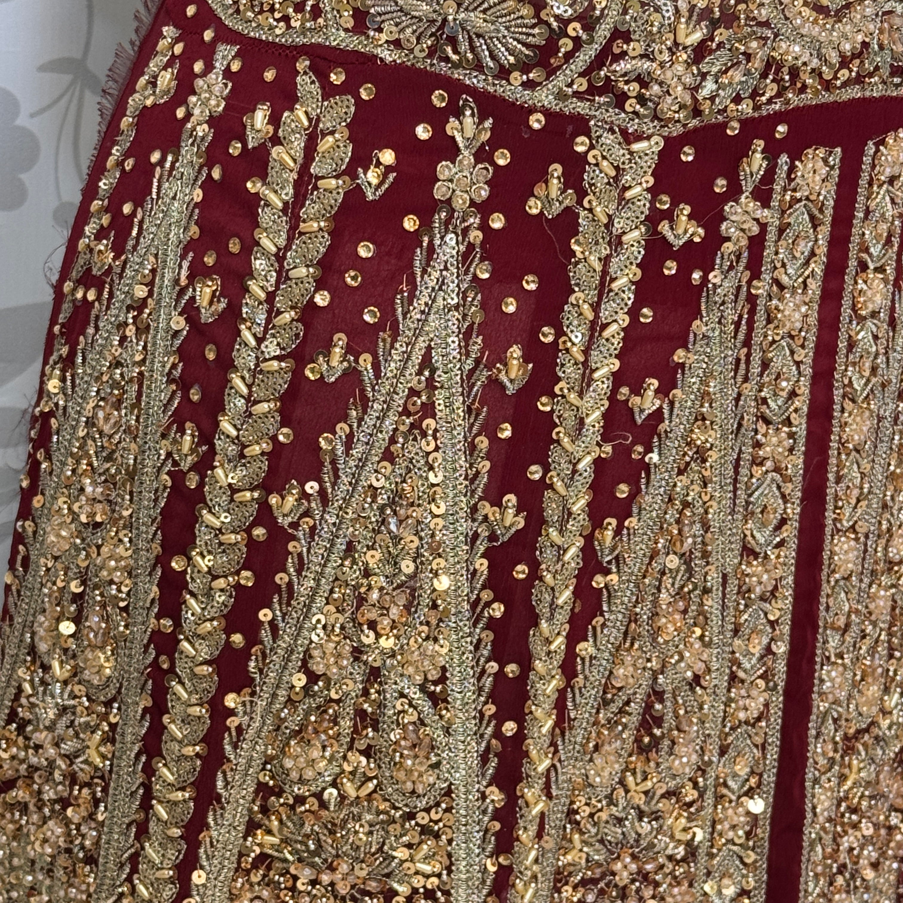Bridal lehenga hand work BL023 lehenga close up – nakshi kora crystal embroidery detail on deep anari red crinkle chiffon Pakistan
