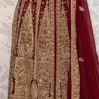 Wedding lehenga hand work BL023 lehenga view – deep anari red crinkle chiffon with nakshi kora and crystal embroidery full skirt Pakistan
